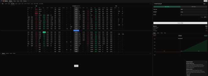A dark-themed cryptocurrency trading interface displays a dense order book, a candlestick chart, and trading statistics on the right panel.