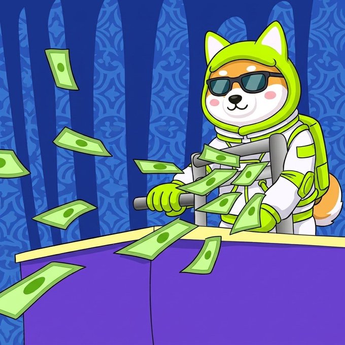 The image shows a cartoon Shiba Inu dog wearing sunglasses and a green astronaut-like hooded suit, riding what appears to be a scooter or small vehicle while money (dollar bills) rains down around them. The cartoon relates to the post about "$ASTEROID" by depicting the dog mascot literally making an "impact" through space-themed attire while surrounded by flying cash, symbolizing the cryptocurrency's meteoric rise and universal financial reach.