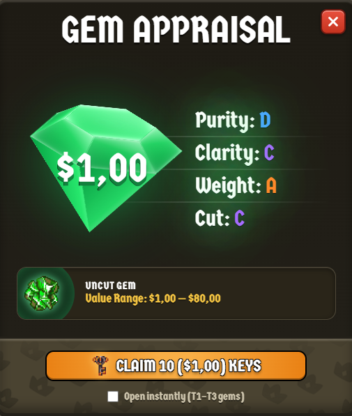 A digital 'GEM APPRAISAL' screen displaying a green gemstone valued at $1.00 with ratings Purity: D, Clarity: C, Weight: A, Cut: C, and a button to 'CLAIM 10 ($1.00) KEYS'.