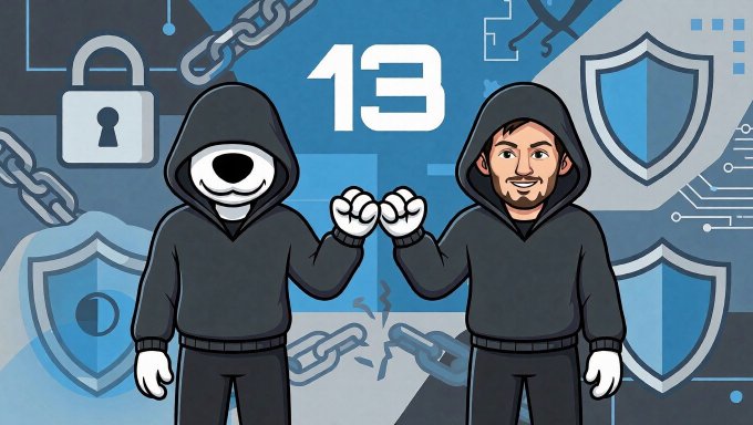 A cartoon illustration shows two hooded figures—one with a white panda mask and one with a human face—fist-bumping against a blue background featuring shields, chains, a padlock, and the number '13'.