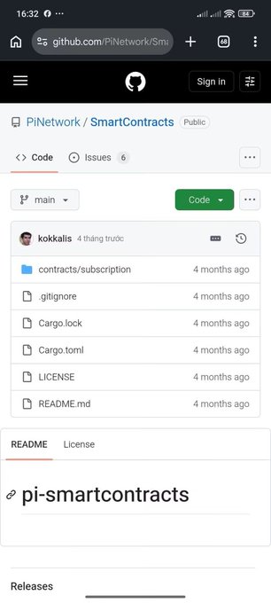 A screenshot of the PiNetwork/SmartContracts GitHub repository page, showing the file directory containing contracts/subscription, .gitignore, Cargo.lock, Cargo.toml, LICENSE, and README.md files, with the latest commit by "kokkalis" from 4 months ago displayed at the top.
