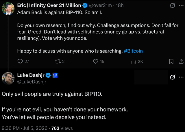 A screenshot of a X post from Eric | Infinity Over 21 Million (@over21m) stating "Adam Back is against BIP-110. So am I," alongside a reply from Luke Dashjr (@LukeDashjr) declaring "Only evil people are truly against BIP110," highlighting the heated debate between Bitcoin developers over the controversial proposal.