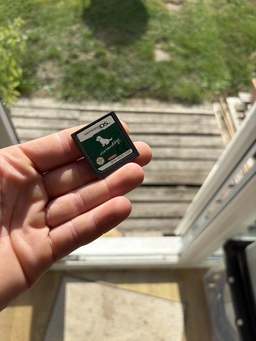 A hand holds up a Nintendo DS game cartridge for "Nintendogs" against a sunny outdoor backdrop, with the nostalgic title perfectly matching the post's emotional teaser about being ready to cry.