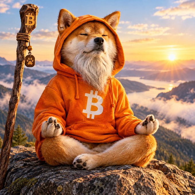 A Shiba Inu dog wearing an orange Bitcoin hoodie, sitting in a meditation pose on a rock, with a staff featuring a Bitcoin symbol and paw charm, against a mountainous sunset backdrop.