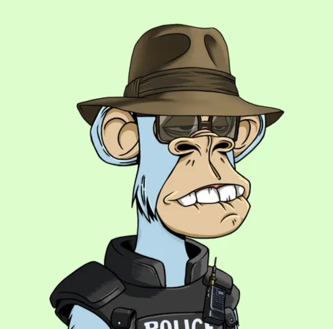 A cartoon illustration of a Bored Ape NFT character dressed as a police officer, wearing a brown hat, sunglasses, and a tactical vest, with a radio on the shoulder.