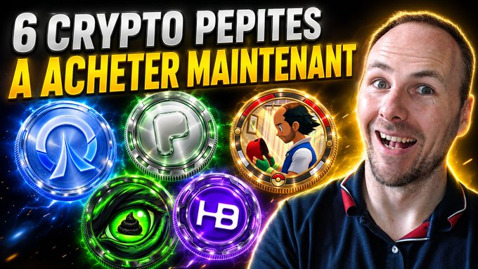 A YouTube thumbnail showing a smiling man on the right with text '6 CRYPTO PEPITES A ACHETER MAINTENANT' and five crypto coin logos including ApeCoin.