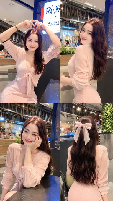 A four-panel collage of a young woman with long wavy brown hair posing in a pink top and skirt in what appears to be a restaurant.