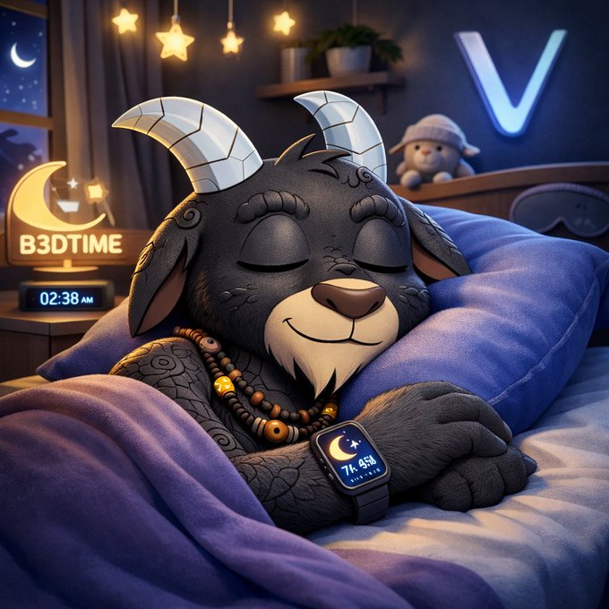 A smiling, dark-furred goat character with silver horns sleeps peacefully in a cozy bed at "BEDTIME 02:38 AM," wearing a smartwatch displaying "74.45B" sleep data, visually promoting the @b3dtime_vet sleep-tracking reward system that allows users to earn $B3TR tokens for healthy habits with VeBetterDAO.
