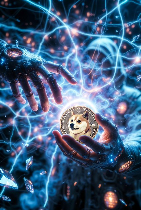 The image shows a person holding up a coin, which has a dog on it, possibly a dogecoin, along with a wrist watch. The person's hands are wearing rings. In the background, there are blue lights creating an intense atmosphere, suggesting that the subject of the image might be related to cryptocurrency or digital currency.