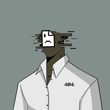 A digital illustration depicts a figure wearing a white button-up shirt marked '404' with a glitching, pixelated screen-like face against a gray background.