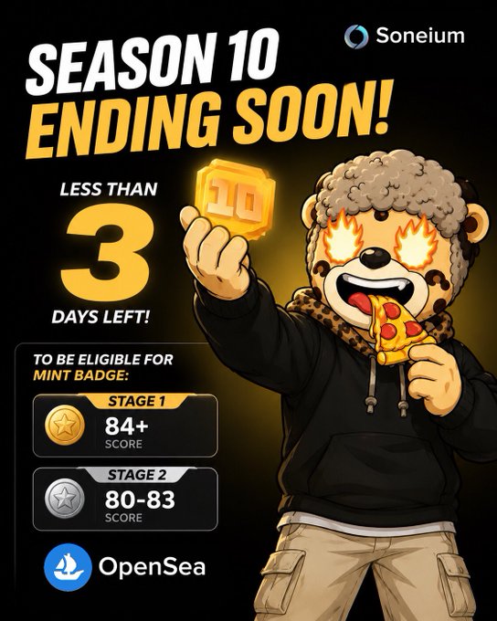 The image features a cartoon bear holding a slice of pizza, with text that reads "Season 10 ending soon! Less than 3 days left!: To be eligable for Soneium Score Season @soneium ends in less than 3 days!. Only a few days left to rack up points through quests and onchain activity. Score 80+ to Qualify for the Season 10 SBT badge Minting Stages: Stage 1 - 84+ Score Stage 2 - 80-83 Score I hope you". The bear is holding the pizza slice, which has a number "3" written on it.