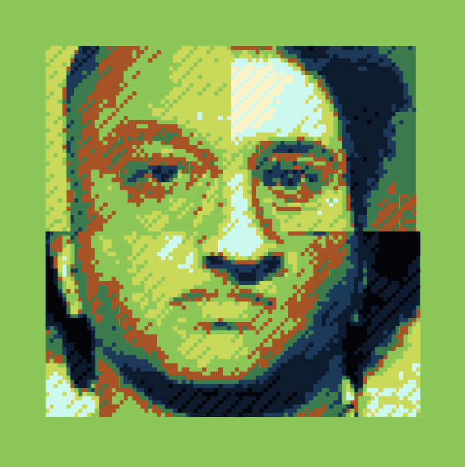 A pixelated, colorful portrait of a face rendered in greens, oranges, and blues against a light green background, identical to Image 1.