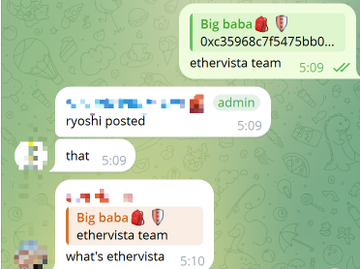 A screenshot of a Telegram chat titled "ethervista team" shows messages from "Big baba" sharing the contract address "0xc35968c7f5475bb..." and asking "what's ethervista," with user "ryoshi" posting that they "posted" something, highlighting the rapid discussion and promotion of the Ethervista token referenced in the post about $STONKBROKER's growth.