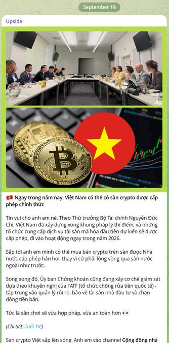 A Vietnamese news article dated September 19 discussing crypto regulations, featuring images of a meeting, Bitcoin coins, and the Vietnamese flag, with text mentioning Deputy Prime Minister Nguyễn Bức Chí and Vietnam potentially approving crypto by 2026.