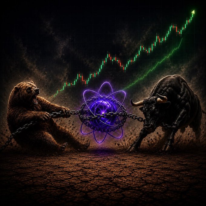 A dramatic digital artwork depicting a bear and a bull chained together, with a glowing purple atom between them and a rising green stock chart in the background, symbolizing market forces.