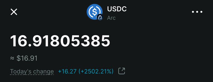 A cryptocurrency wallet screenshot displays USDC balance of 16.91805385 (~$16.91) on the Arc network, showing today's change of +16.27 (+2502.21%).