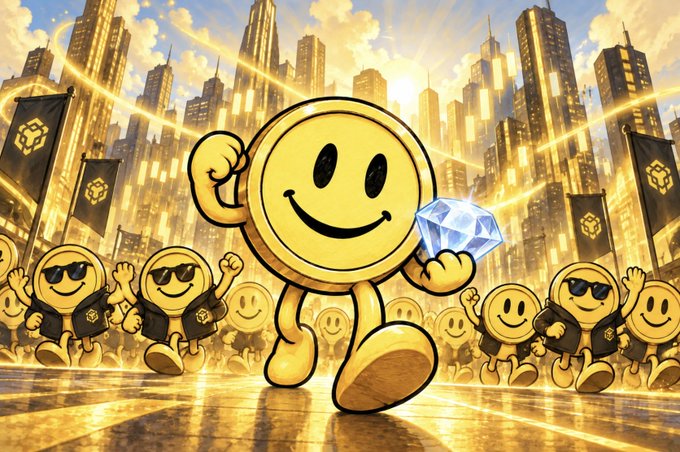 A triumphant gold smiley coin struts forward holding a blue diamond, flanked by an entourage of sunglasses-wearing smiley tokens, with a golden cityscape and banners in the background—visually celebrating the token's impressive #4 ranking in its first week on BNB Chain's DappBay campaign.