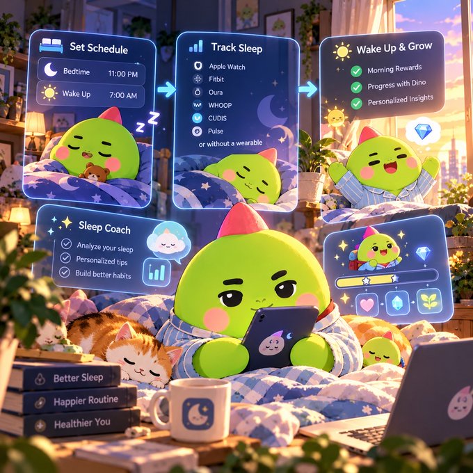 A promotional graphic for a sleep tracking app featuring a green dinosaur character in a bedroom, highlighting features like 'Set Schedule', 'Track Sleep' (Apple Watch, Fitbit, Oura, WHOOP, CUDIS, Pulse), 'Wake Up & Grow', and 'Sleep Coach'.