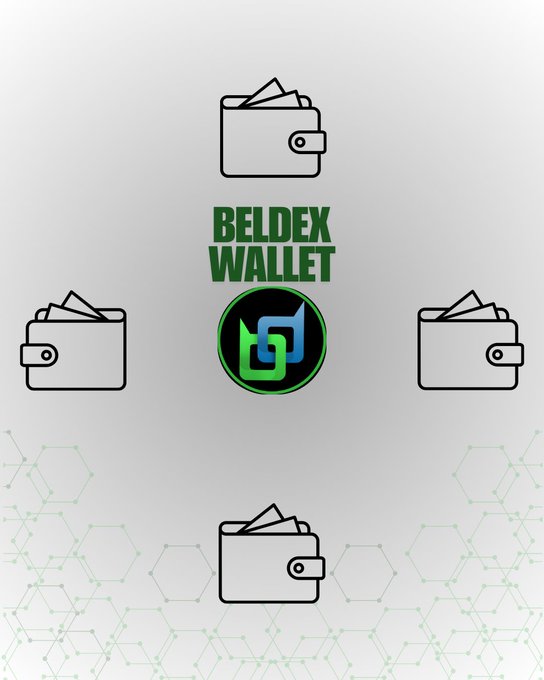 Graphic for 'BELDEX WALLET' featuring the Beldex logo surrounded by four illustrated wallet icons on a light background with a subtle green hexagonal design.