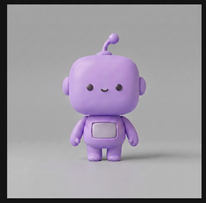 A 3D rendering of a cute, pastel-purple robot figure with a small antenna, smiling face, and a screen on its torso.