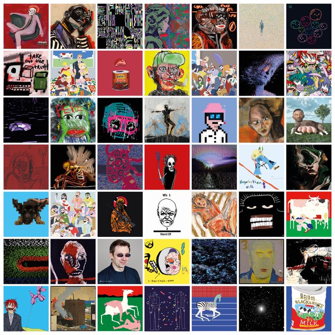 A grid of 49 colorful digital artworks featuring diverse styles—from pixel art and portraits to abstract pieces and animal figures—displayed as part of an NFT collection celebrating defining digital artists of the era. One piece in the second row reads "TAKE OUT THE TRASH," and the bottom right artwork displays "NEGATIVE BLACKMAIDEN MILK."
