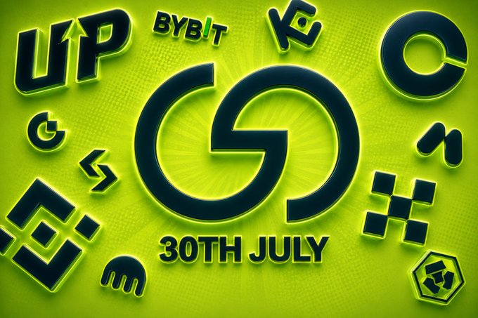 A stylized promotional graphic features "GRVT 30TH JULY" as its central message, surrounded by logos of major crypto exchanges like Bybit, Coinbase, and Binance against a vibrant green background, visually highlighting the upcoming TGE date referenced in the post.