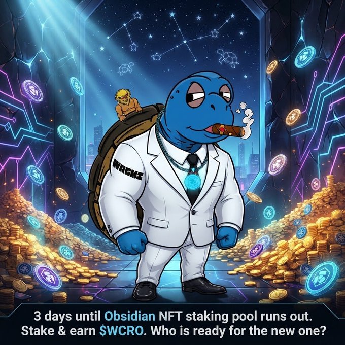 A blue cartoon character in a white suit stands amid piles of gold and cryptocurrency tokens, smoking a cigar. Text reads: “3 days until Obsidian NFT staking pool runs out. Stake & earn $WCRO. Who is ready for the new one?”
