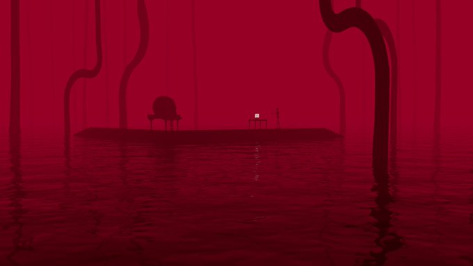 Atmospheric dark red scene showing a piano and chair on a small platform in water, with shadowy tentacle-like forms descending from above.