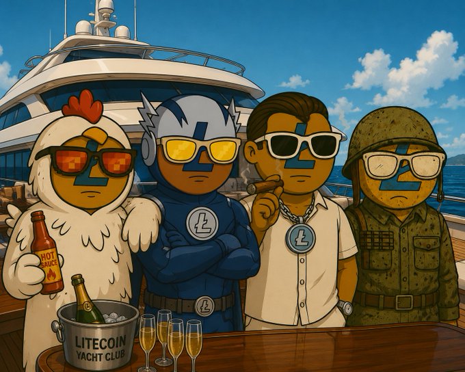 The image features a group of cartoon characters, including four men wearing sunglasses and military uniforms, standing around a table with drinks such as champagne and beer. The characters are dressed in costumes that include sunglasses and ties, giving them a unique appearance. The caption on the post reads "Crusin' this fine Tuesday! $LTC $zkLTC". This suggests that the image is related to a social gathering or event where the characters are enjoying drinks together.

The setting appears to be an outdoor area with a boat in the background, which could indicate that they are at a waterfront location. The presence of a boat and the characters dressed in military uniforms adds a sense of adventure and excitement to the scene. Overall, the image conveys a fun and lighthearted atmosphere as the characters enjoy their time together.