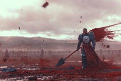 A cinematic still of a caped figure standing in a vast red field, holding a large axe while petals or debris blow across the scene.