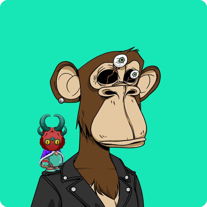 A cartoon ape with a third eye on its forehead, wearing a black leather jacket, has a small red horned creature (a Koda) perched on its shoulder, illustrating the post's nostalgic reference to early misconceptions about Koda size. The image is a Bored Ape Yacht Club-style NFT artwork set against a bright teal background.