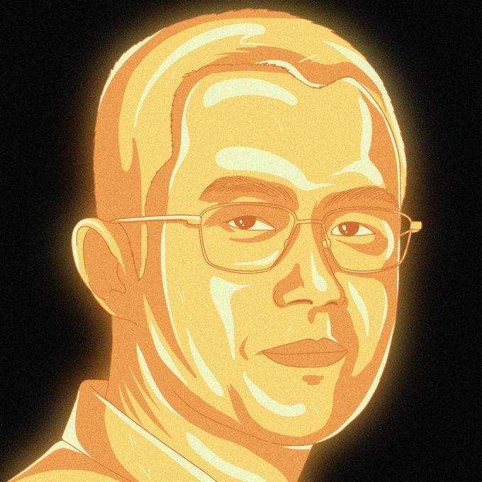 A stylized orange and yellow portrait illustration of a bald man wearing rectangular glasses against a dark background with a glowing aura effect.