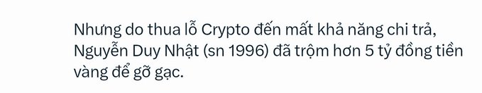 Vietnamese text that translates to information about someone named Nguyễn Duy Nhất (born 1996) allegedly scamming over 5 billion VND from victims claiming to help them recover losses from failed crypto investments.