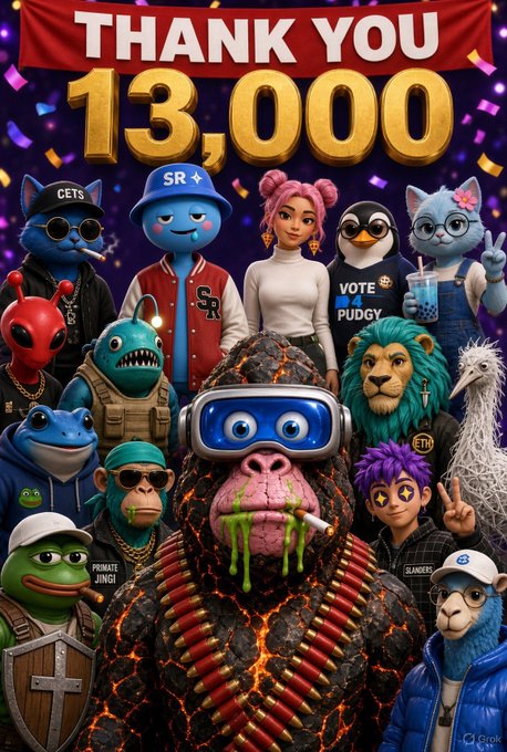 A digital illustration celebrating '13,000' features a group of cartoon characters, mascots, and avatars wearing apparel with text including 'CETS', 'SR+', 'SR', 'VOTE PUDGY', 'PRIMATE JINGI', 'SLAVERS', and 'SHIB', standing behind a lava-textured gorilla with a smoking cigar.
