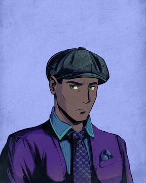 An illustrated portrait of a man wearing a purple suit, patterned tie, and a newsboy cap against a plain background.