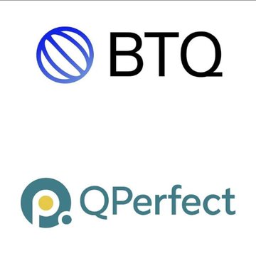 Logos for BTQ and QPerfect, with BTQ featuring a blue circular emblem and QPerfect displayed below in teal.