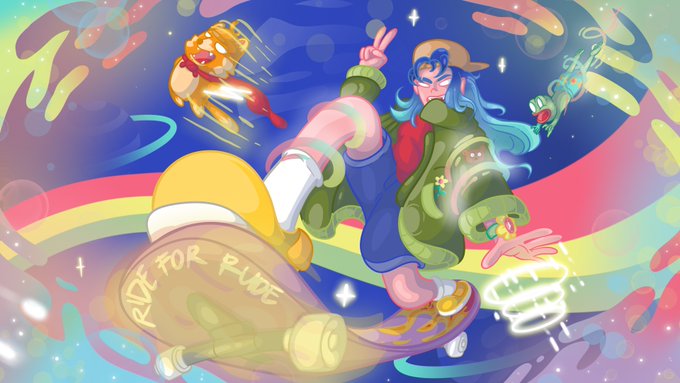 A vibrant anime-style illustration shows a blue-haired character in a green jacket skateboarding on a board labeled "RIDE FOR PRIDE," surrounded by a flowing rainbow, a smiling toast, and a glowing ice cream cone. The artwork captures the colorful, joyful spirit of the "Sora of the Joy Vortex" NFT piece, reflecting its pride-themed and whimsical aesthetic as a 1/1 unique artwork on Transient Labs.