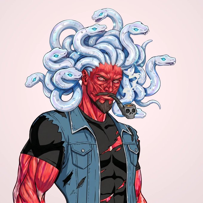 A digital illustration depicts a red-skinned demonic figure with snakes for hair, wearing a denim vest over a black shirt, and smoking a pipe topped with a skull.
