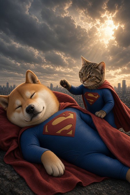A whimsical digital artwork of two cats dressed as Superman, with a Shiba Inu sleeping peacefully in a cape while a tabby cat in a Superman suit gently pats its head against a cloudy sunset sky.