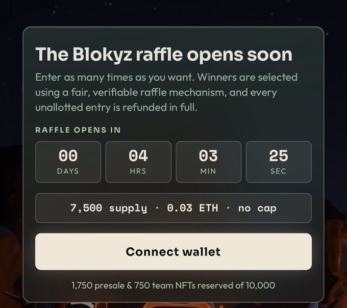 A countdown screen for "The Blokyz raffle opens soon" displays a timer at 00 days, 04 hours, 03 minutes, and 25 seconds, with details including a 7,500 supply, 0.03 ETH price per entry, no cap, and a "Connect wallet" button, while reserving 1,750 presale and 750 team NFTs out of 10,000. The image aligns with the post by showcasing the raffle criteria that followers qualified for, highlighting the price, supply, and unlimited entry structure that determined eligibility.