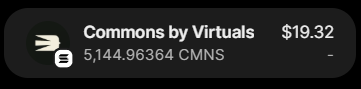 A dark interface widget displaying 'Commons by Virtuals' with a price of $19.32 and a token balance of 5,144.96364 CMNS.