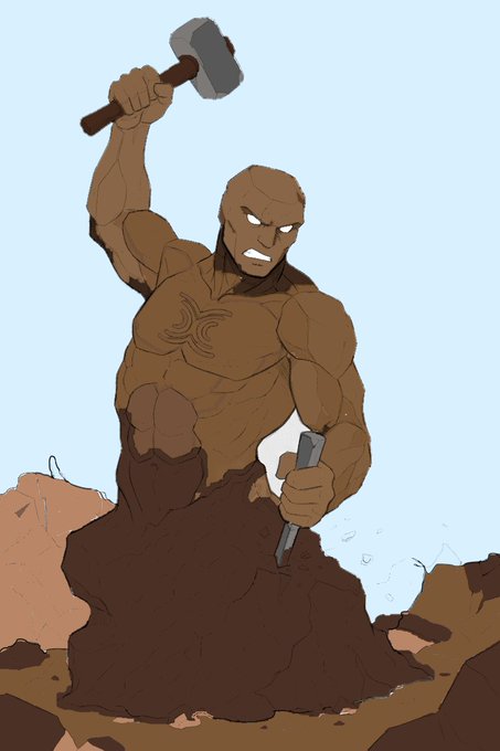 An animated illustration of a muscular, bald figure wielding a large hammer above his head while using a chisel to carve a shape out of dark brown rock or earth against a light blue sky.