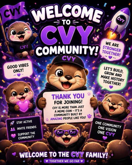 A vibrant purple-toned 'Welcome to CVY Community!' promotional graphic featuring cartoon otters wearing CVY merchandise, with messages like 'Thank you for joining!' and 'Together we go far.'