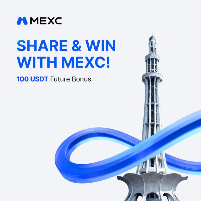 A MEXC promotional banner reading 'SHARE & WIN WITH MEXC!' offering a '100 USDT Future Bonus' alongside an image of the Minar-e-Pakistan tower.