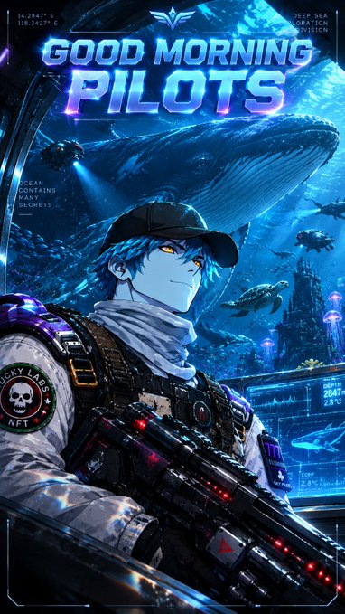 An anime-style illustration with the text 'GOOD MORNING PILOTS' showing a blue-haired character in tactical gear holding a futuristic rifle, set against an underwater sci-fi backdrop featuring a massive whale-like submarine and jellyfish.