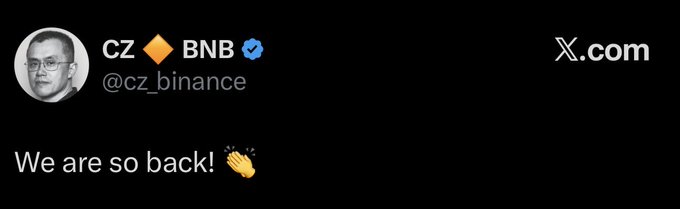 A tweet from CZ Binance (@cz_binance) reading "We are so back!" with a clapping emoji.