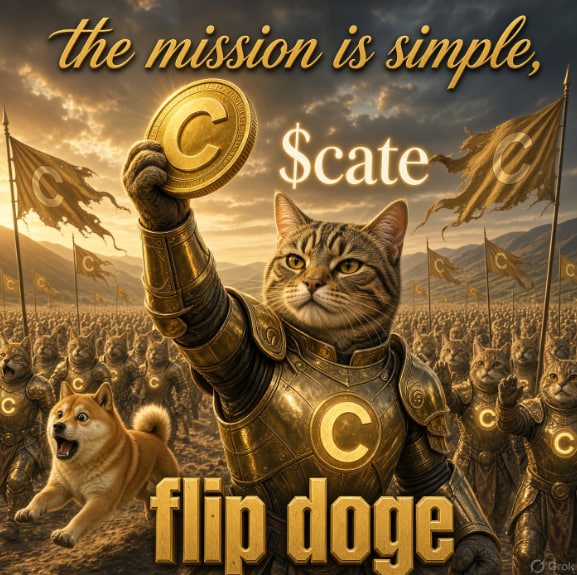 A tabby cat dressed in golden armor triumphantly hoists a coin bearing the "C" logo, leading an army of armored cat and dog soldiers beneath the bold text "the mission is simple, $cate flip doge," perfectly capturing the playful crypto spirit of the "gm $CATE enjoyoooooors" post.