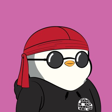 Cartoon penguin character wearing a red bandana and black sunglasses against a pink background, with a small logo on its chest.