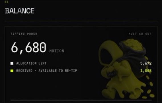 A 'BALANCE' dashboard showing tipping power of 6,680 motion, with 5,672 must go out and 1,088 available to re-tip.