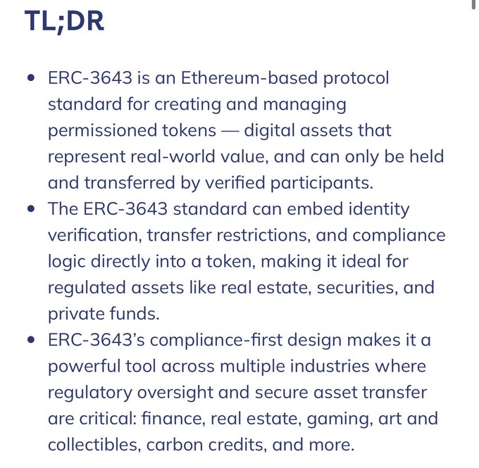 The image shows a white background with black text that reads "TL;DR" at the top, followed by bullet points explaining the content of the post. The main point of the post is about a cryptocurrency called T-LRC-3643, which is an Ethereum-based protocol for creating and managing digital assets. It also mentions that it can be used to transfer real estate, securities, and private funds securely over the internet.